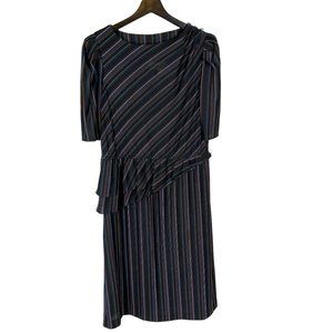 Vintage 80s Black Multicolor Stripe Half Sleeve Midi Sheath Dress Large